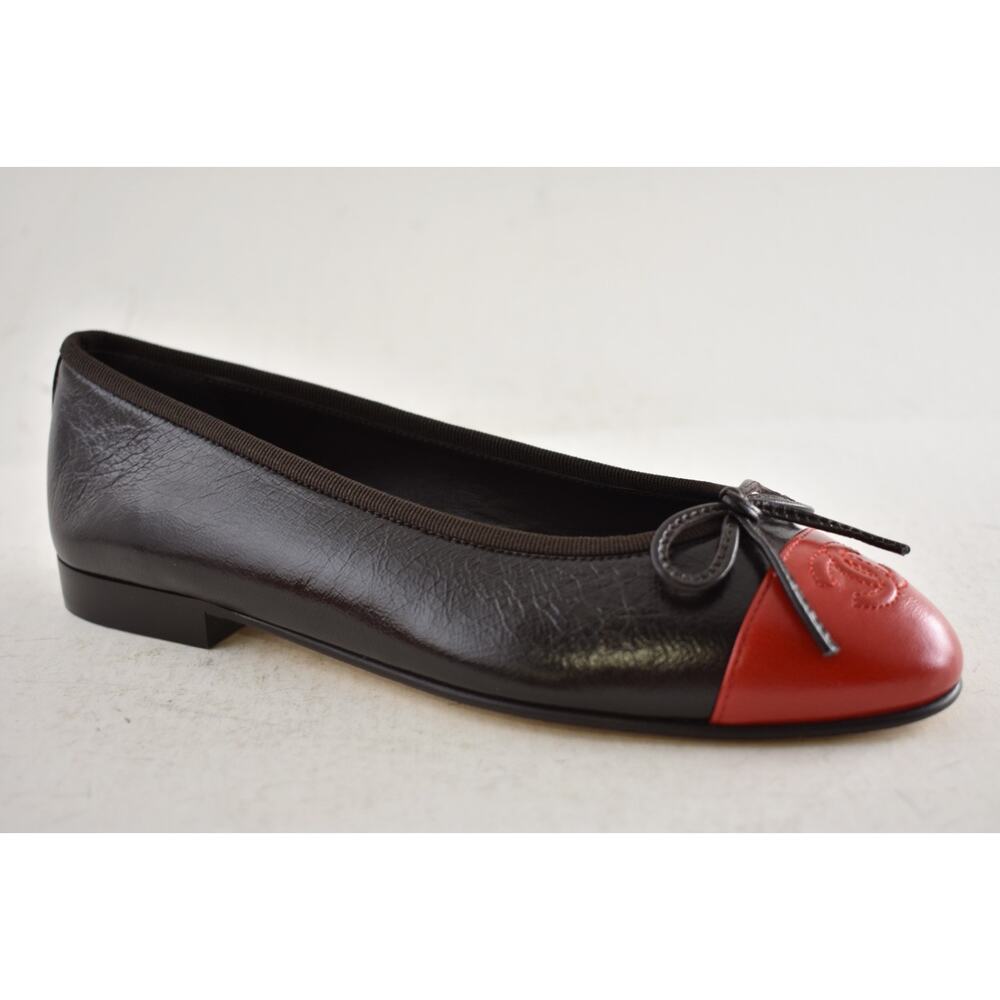 Chanel 26S Dark Brown Red Leather CC Logo Cap Classic Ballet Ballerina Flat 38.5 - Picture 4 of 16